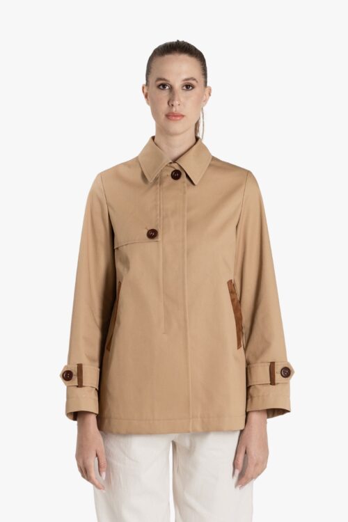 CAMEL WATER-REPELLENT TECHNICAL FABRIC TRENCH COAT